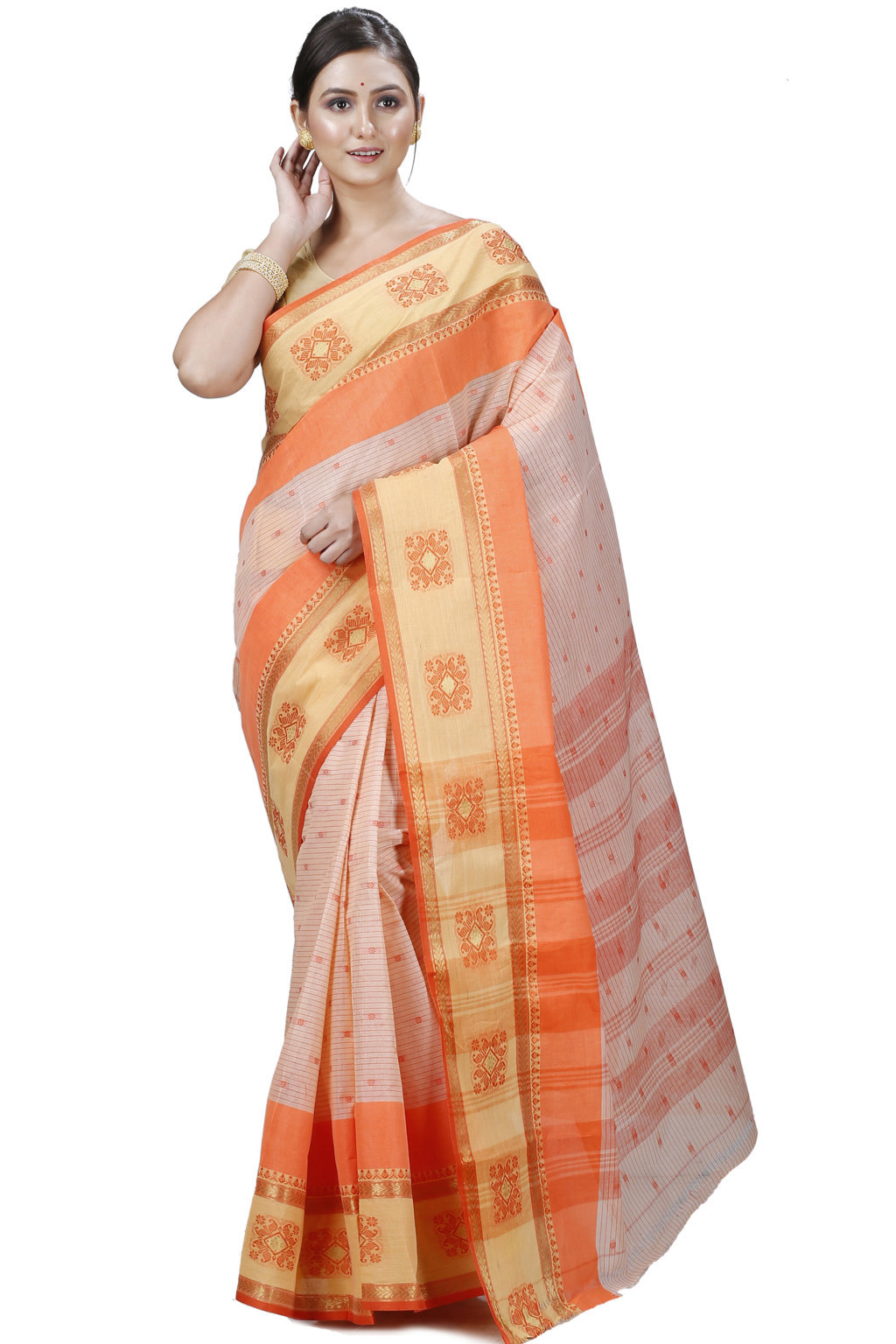 TANIARPI Women's Bengal Tant Print Design Handloom Cotton Saree Without  Blouse Piece Off White And Golden Saree for Diwali (Pack of 1) : Amazon.in:  Fashion