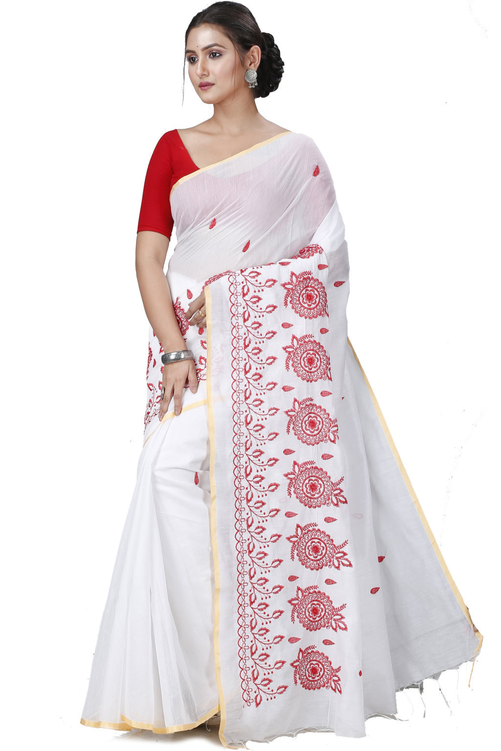 White handloom soft cotton saree with Alpona design