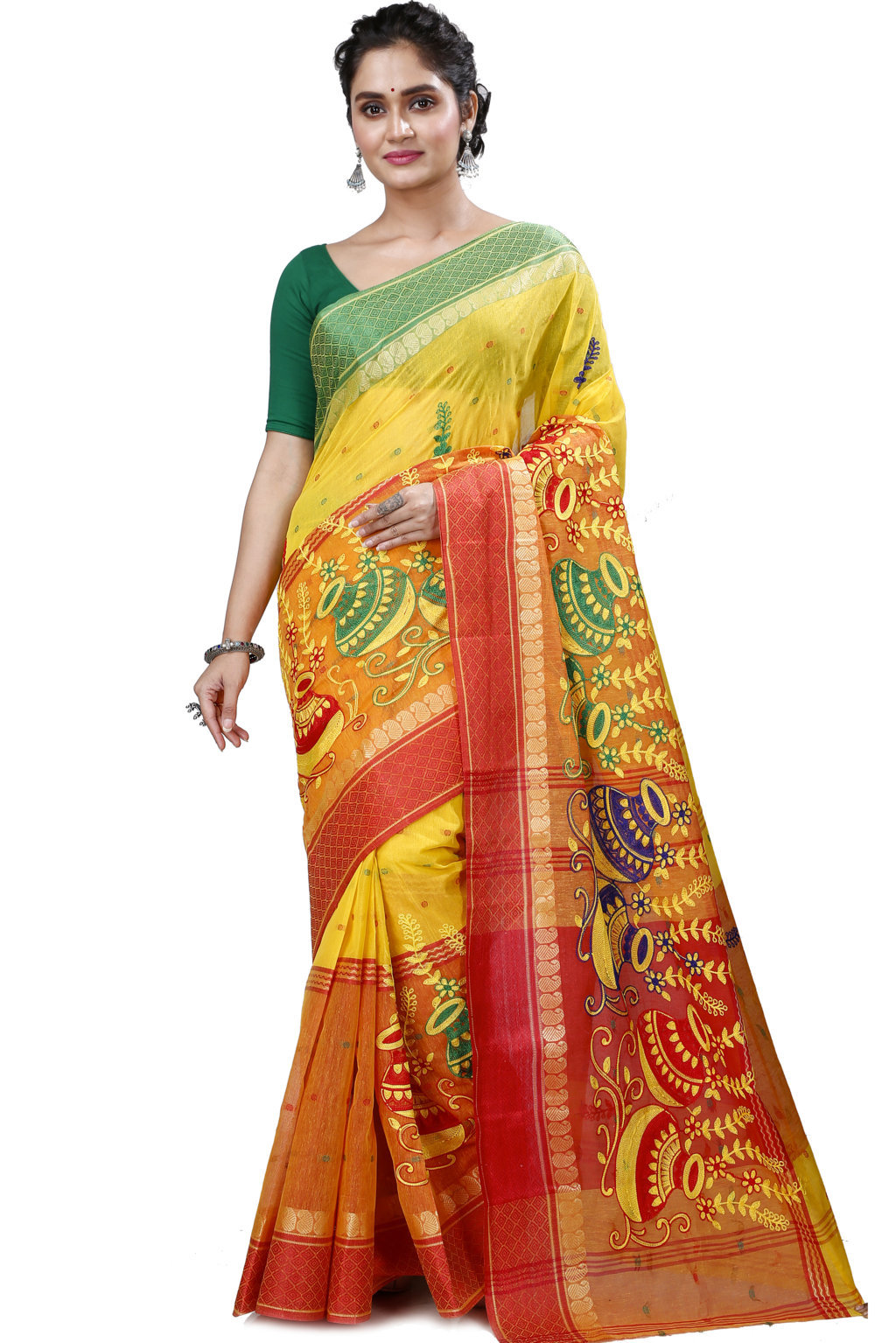 Yellow Red Pure Cotton Embi_Ganga_Buti Tant Embroidery (1001)