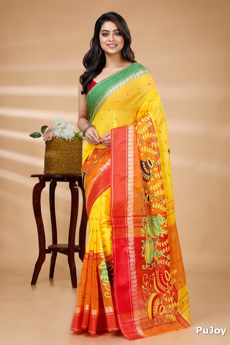 Yellow Red Pure Cotton Embi_Ganga_Buti Tant Embroidery (1001)