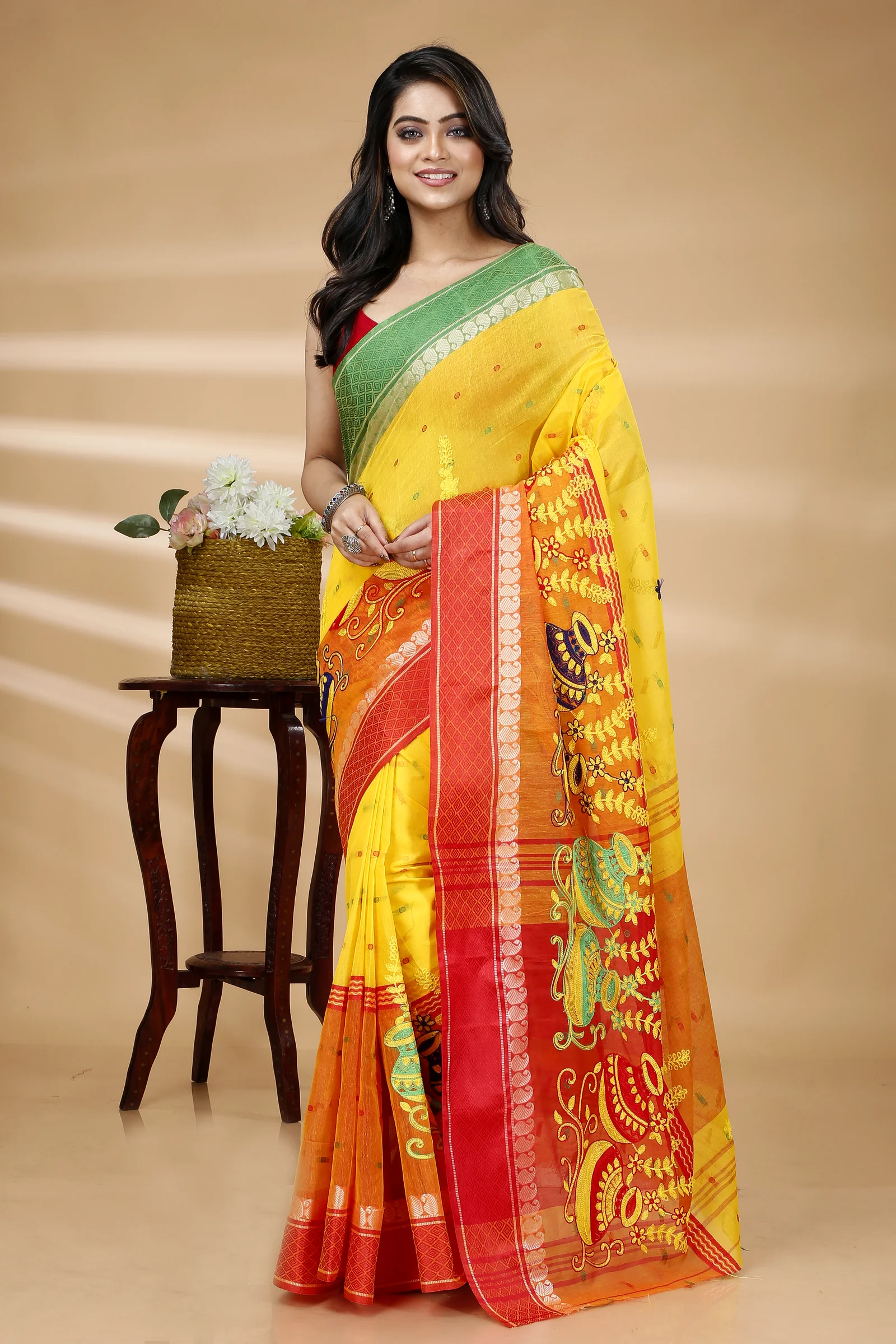 Yellow Red Pure Cotton Embi_Ganga_Buti Tant Embroidery (1001)