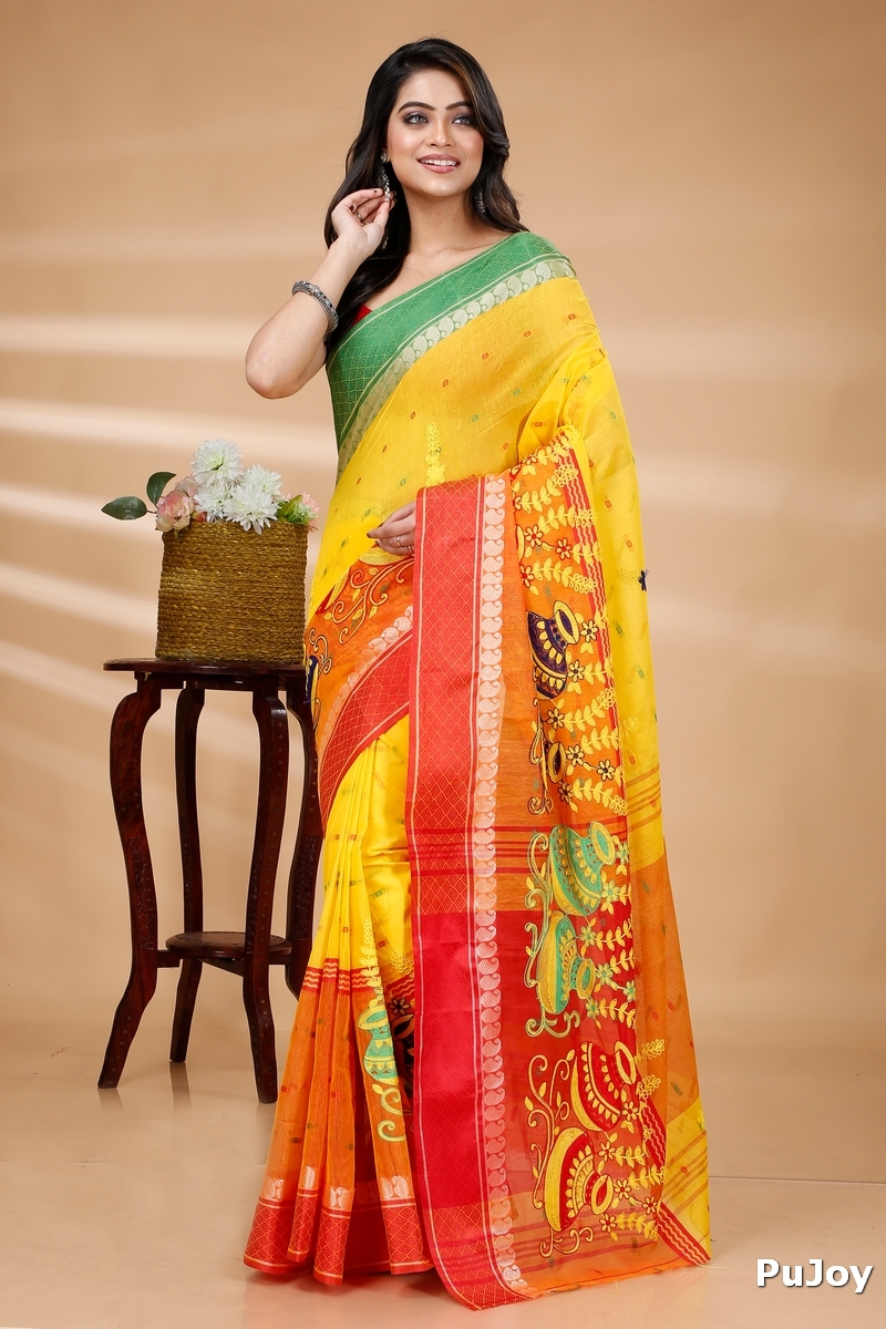 Yellow Red Pure Cotton Embi_Ganga_Buti Tant Embroidery (1001)