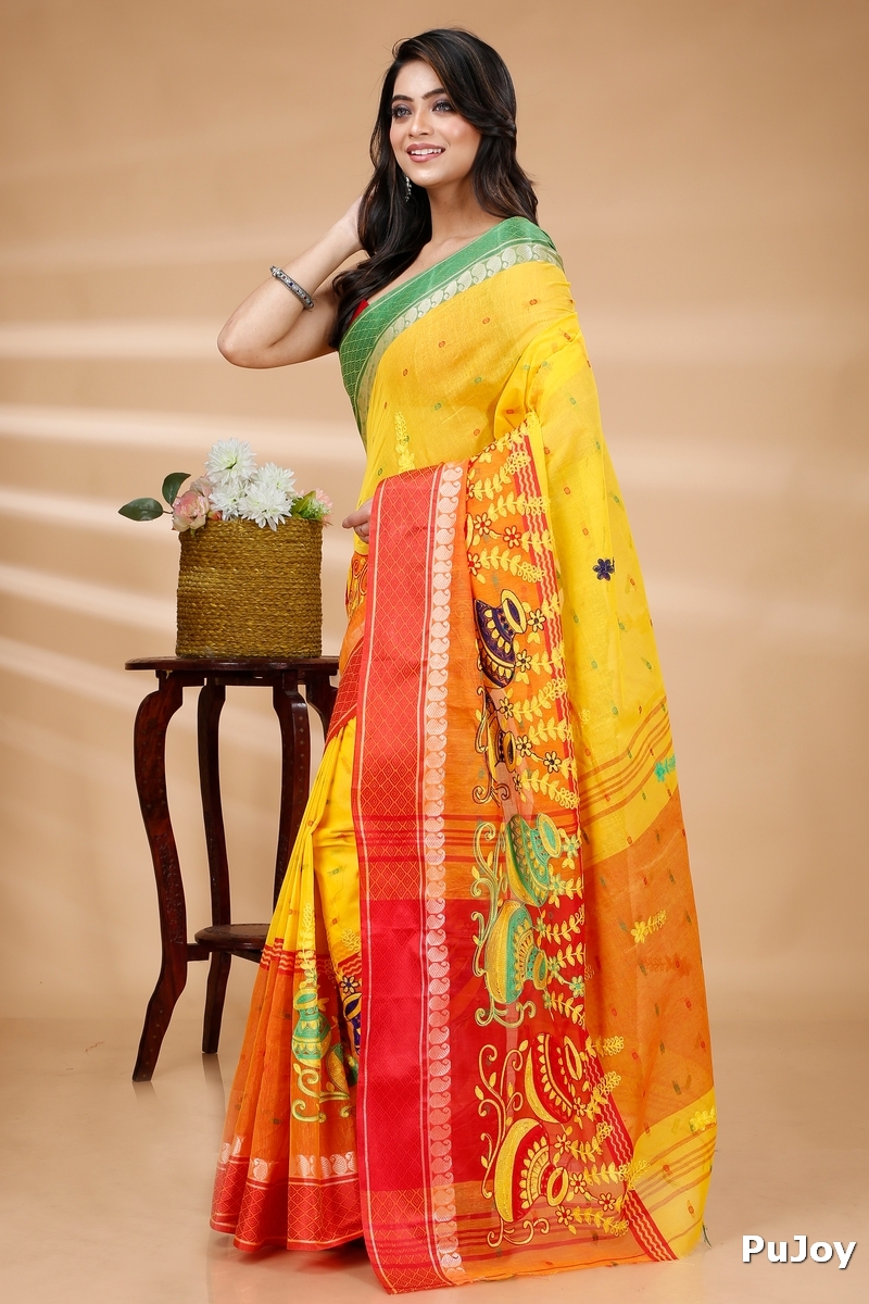 Yellow Red Pure Cotton Embi_Ganga_Buti Tant Embroidery (1001)