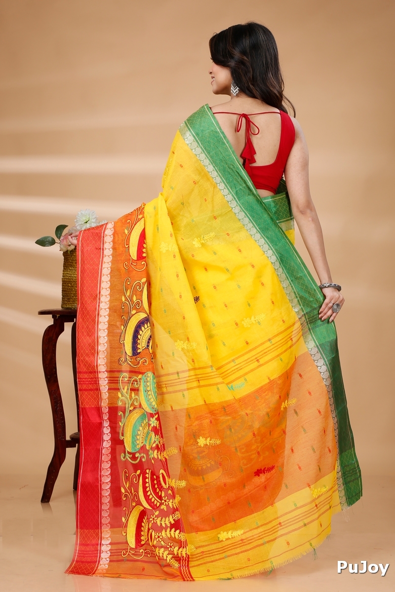 Yellow Red Pure Cotton Embi_Ganga_Buti Tant Embroidery (1001)
