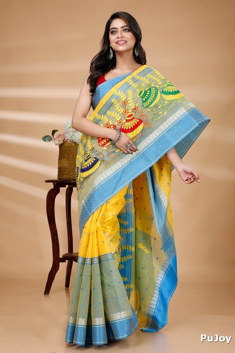 Light Yellow Pure Cotton Embi_Ganga_Buti Tant Embroidery (1003)
