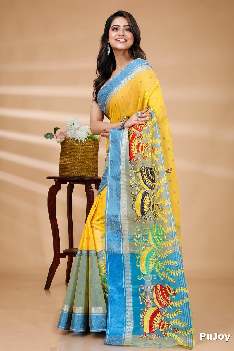 Light Yellow Pure Cotton Embi_Ganga_Buti Tant Embroidery (1003)