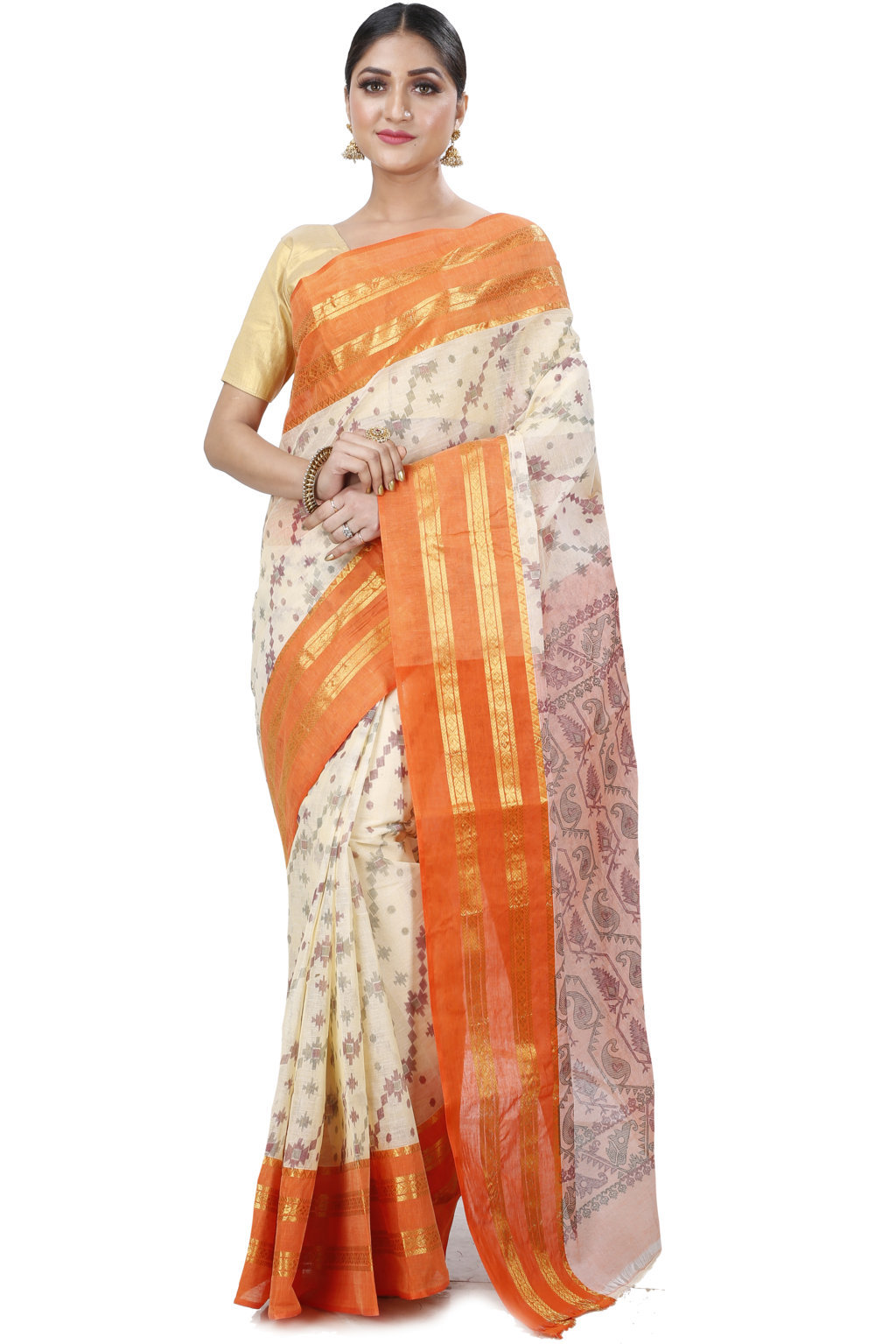 Orange Pure Cotton Rashi Print Tant Saree Print (1010)