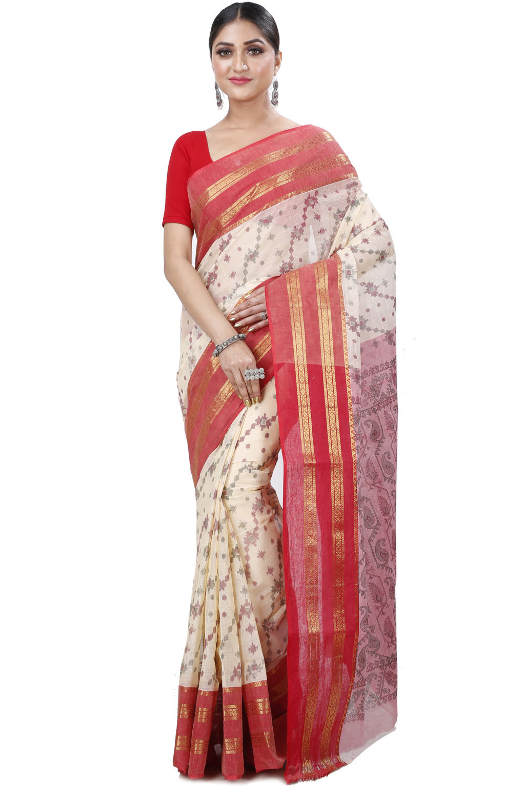 Red Pure Cotton Rashi Print Tant Saree Print (1012)