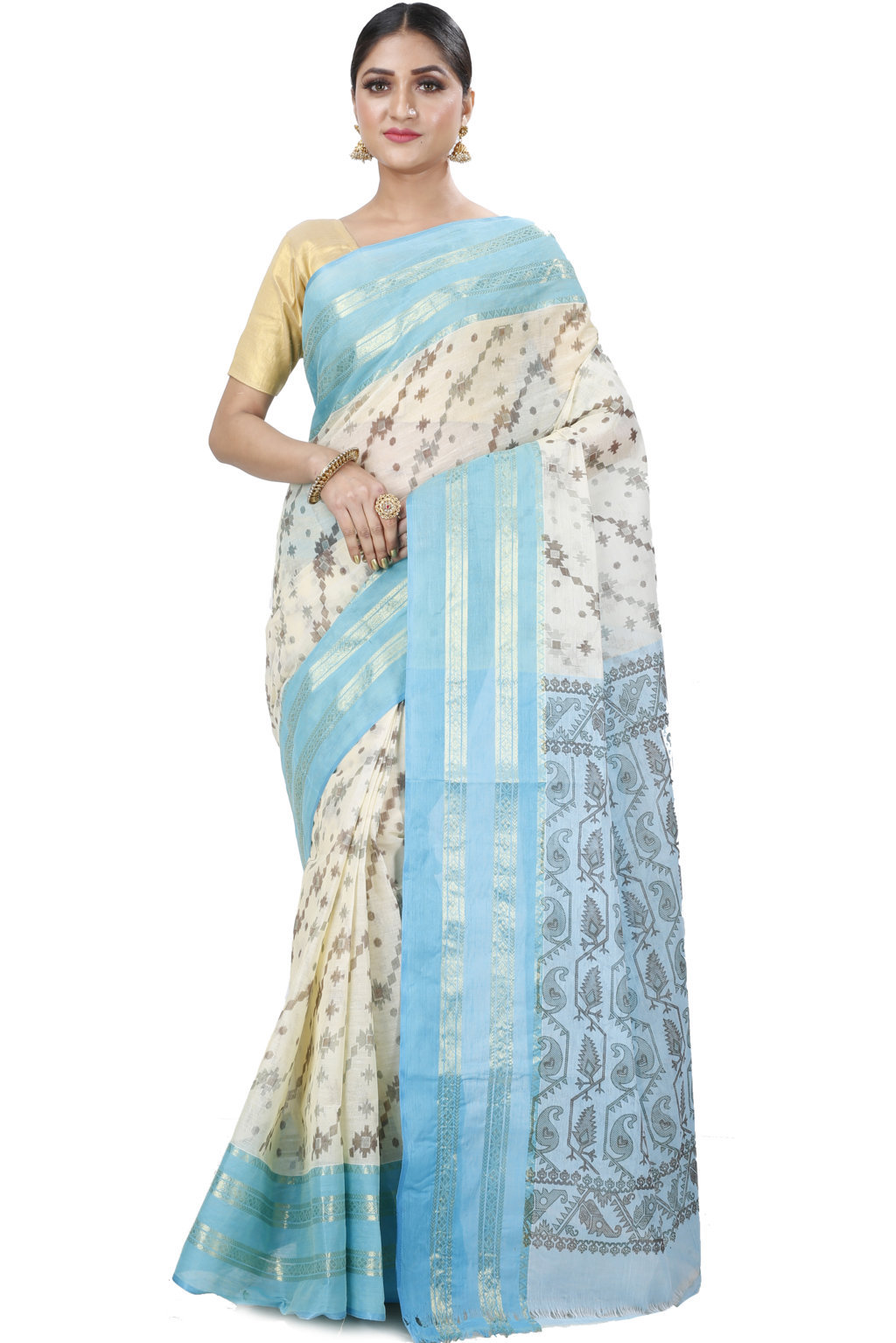 Sky Blue Pure Cotton Rashi Print Tant Saree Print (1013)