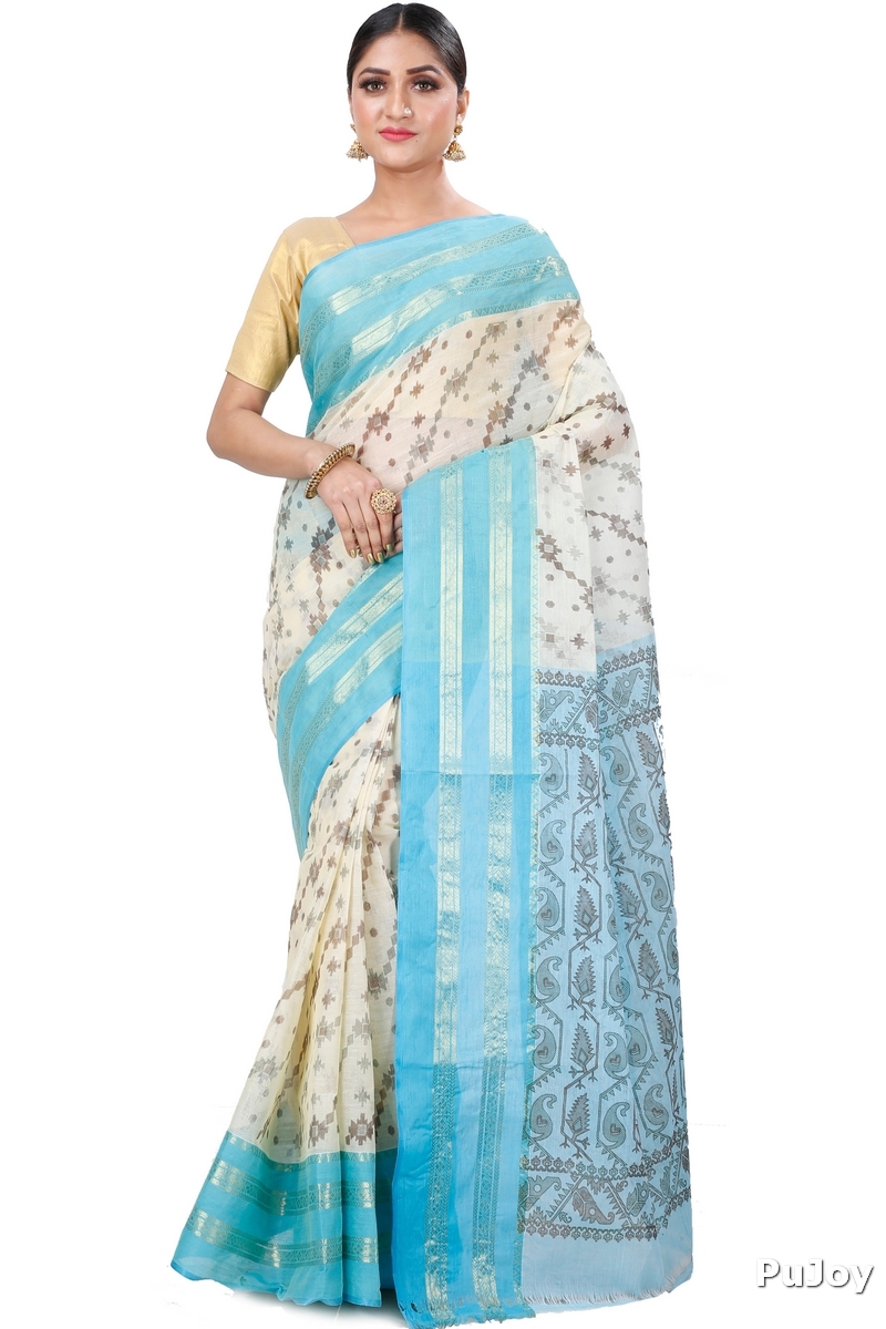 Sky Blue Pure Cotton Rashi Print Tant Saree Print (1013)
