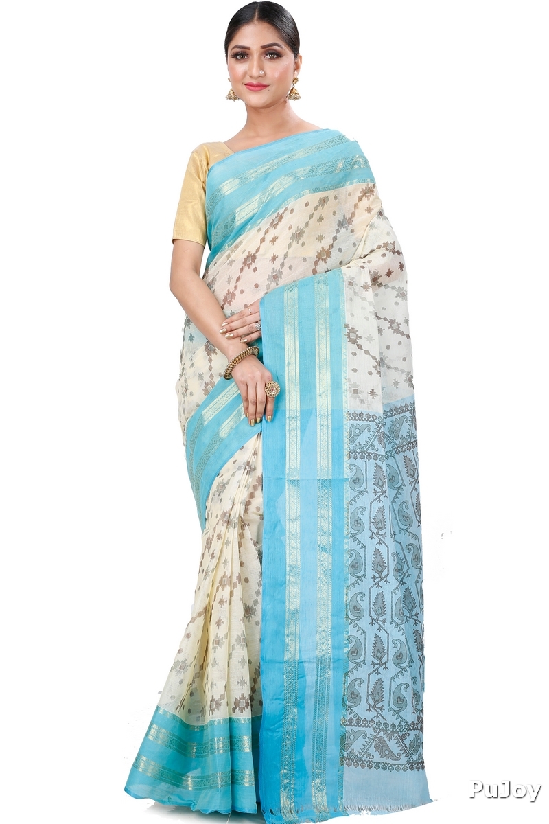 Sky Blue Pure Cotton Rashi Print Tant Saree Print (1013)