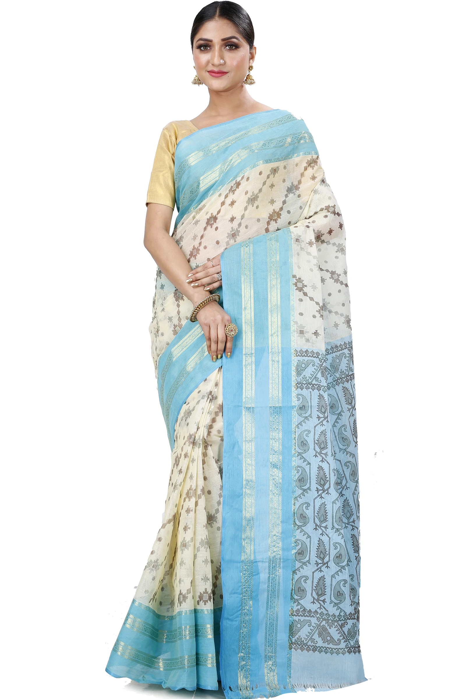 Sky Blue Pure Cotton Rashi Print Tant Saree Print (1013)