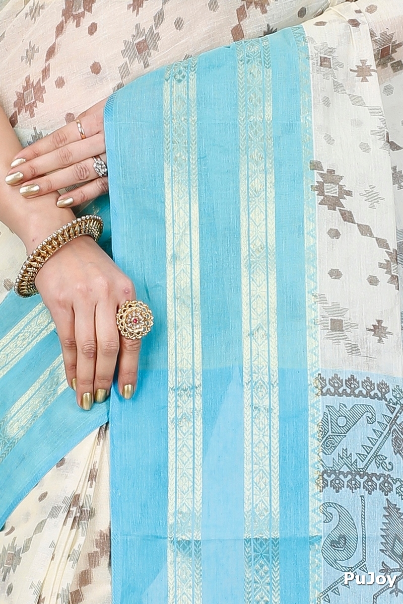 Sky Blue Pure Cotton Rashi Print Tant Saree Print (1013)
