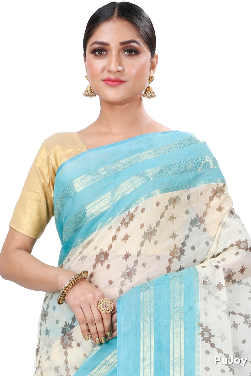 Sky Blue Pure Cotton Rashi Print Tant Saree Print (1013)
