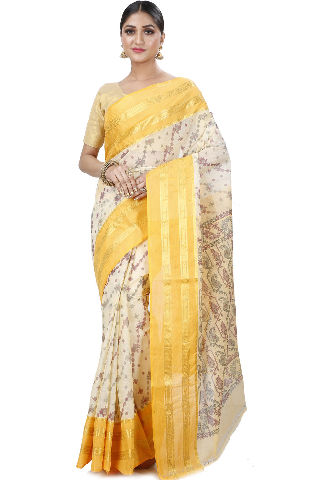 Yellow Pure Cotton Rashi Print Tant Saree Print (1014)