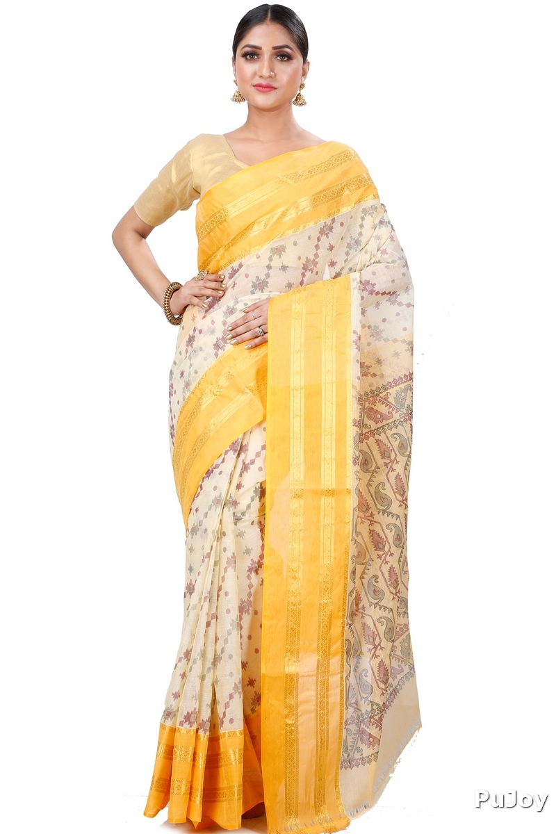 Yellow Pure Cotton Rashi Print Tant Saree Print (1014)