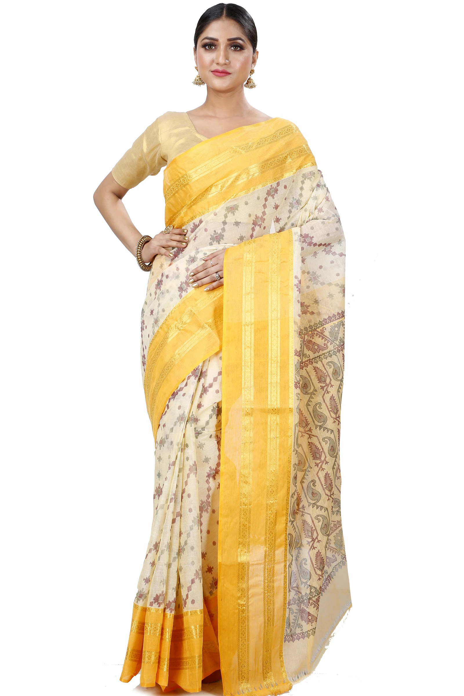 Yellow Pure Cotton Rashi Print Tant Saree Print (1014)