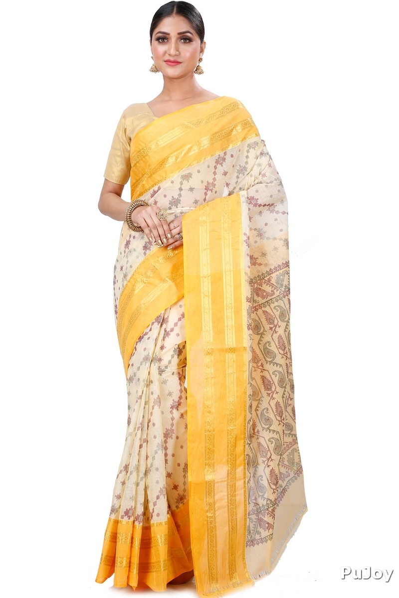 Yellow Pure Cotton Rashi Print Tant Saree Print (1014)