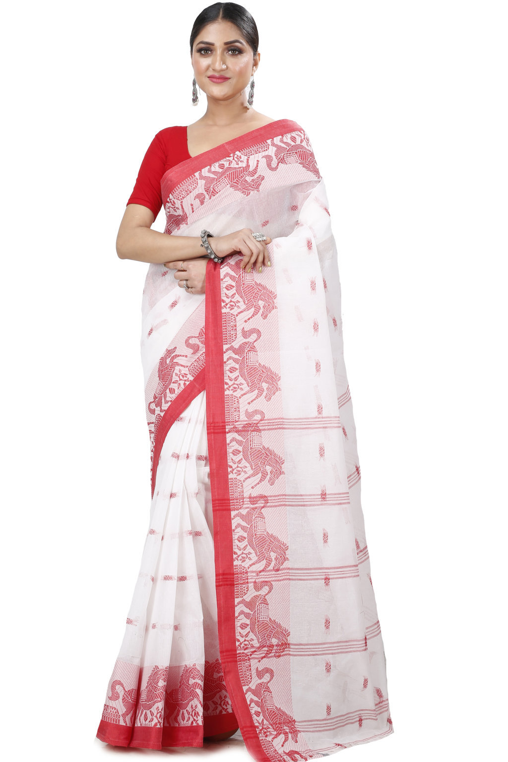 White Red Pure Cotton Indrani Tant Saree (1019)