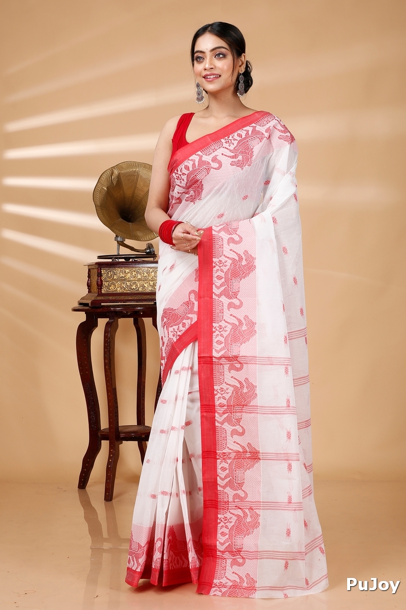 White Red Pure Cotton Indrani Tant Saree (1019)