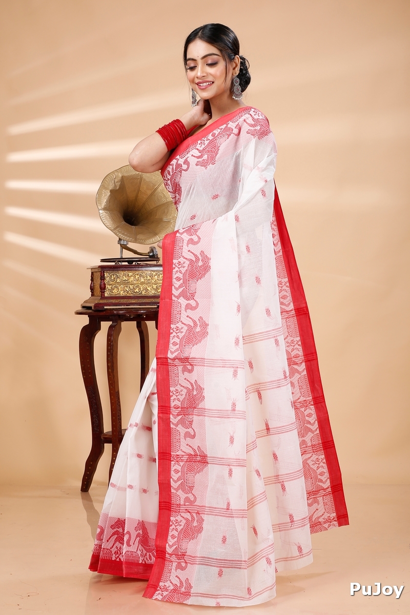 White Red Pure Cotton Indrani Tant Saree (1019)
