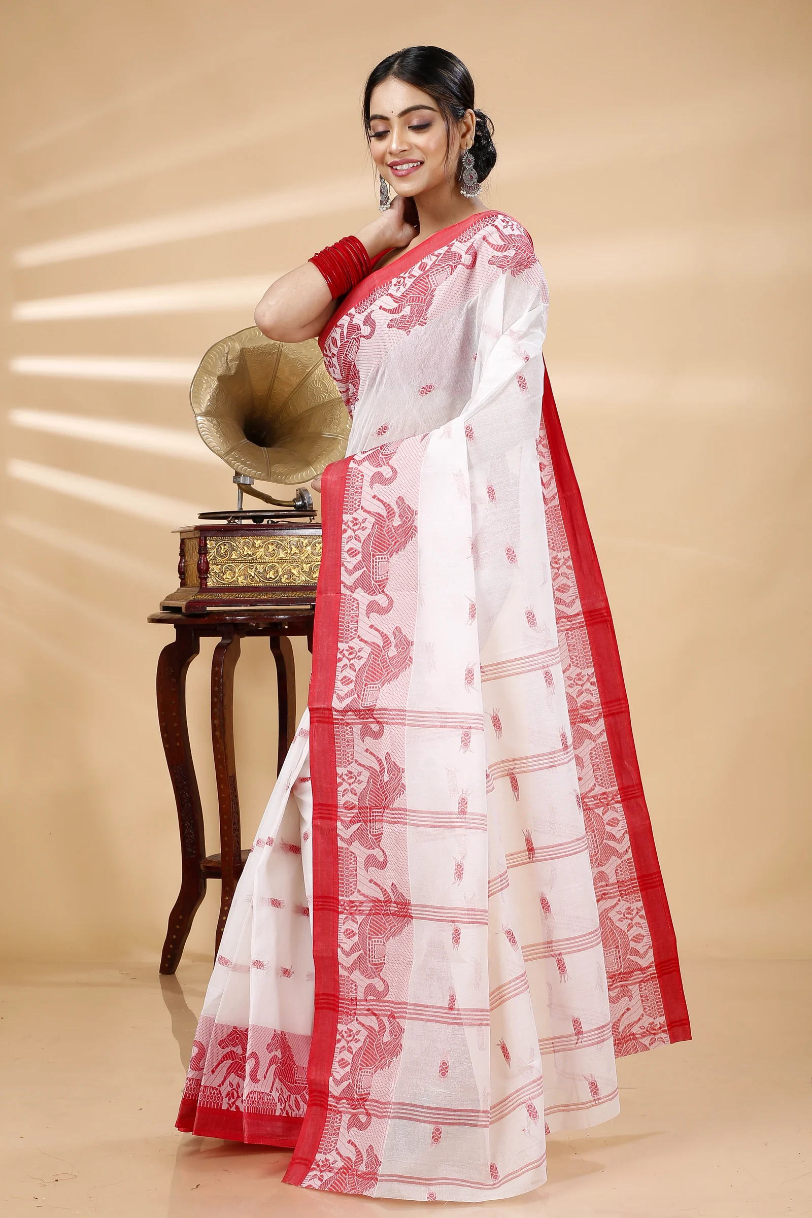 White Red Pure Cotton Indrani Tant Saree (1019)