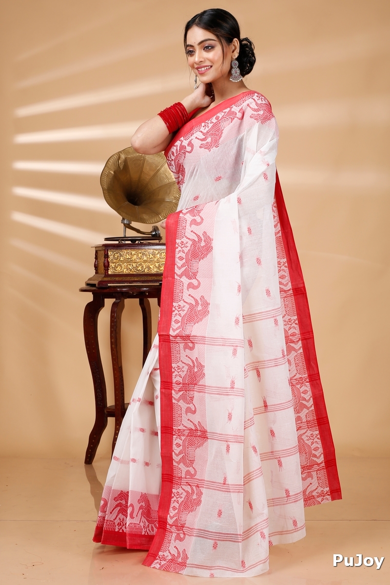White Red Pure Cotton Indrani Tant Saree (1019)