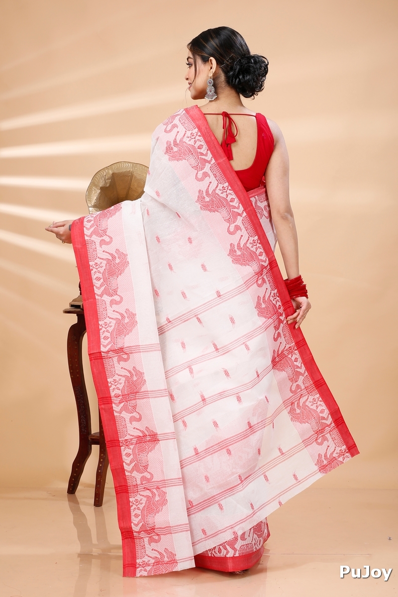 White Red Pure Cotton Indrani Tant Saree (1019)