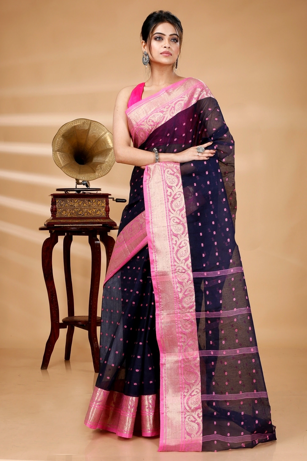 Night Blue Pure Cotton Sachi Tant Saree (1023)