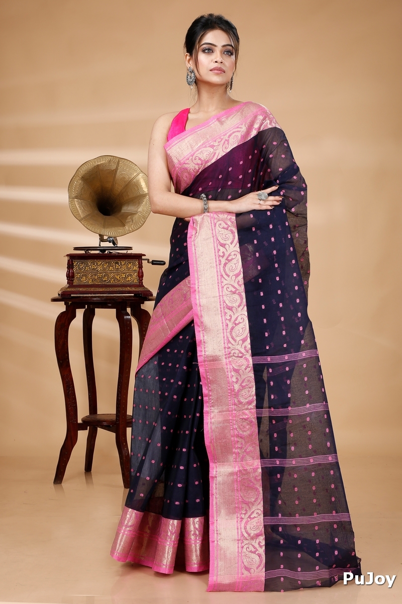Night Blue Pure Cotton Sachi Tant Saree (1023)