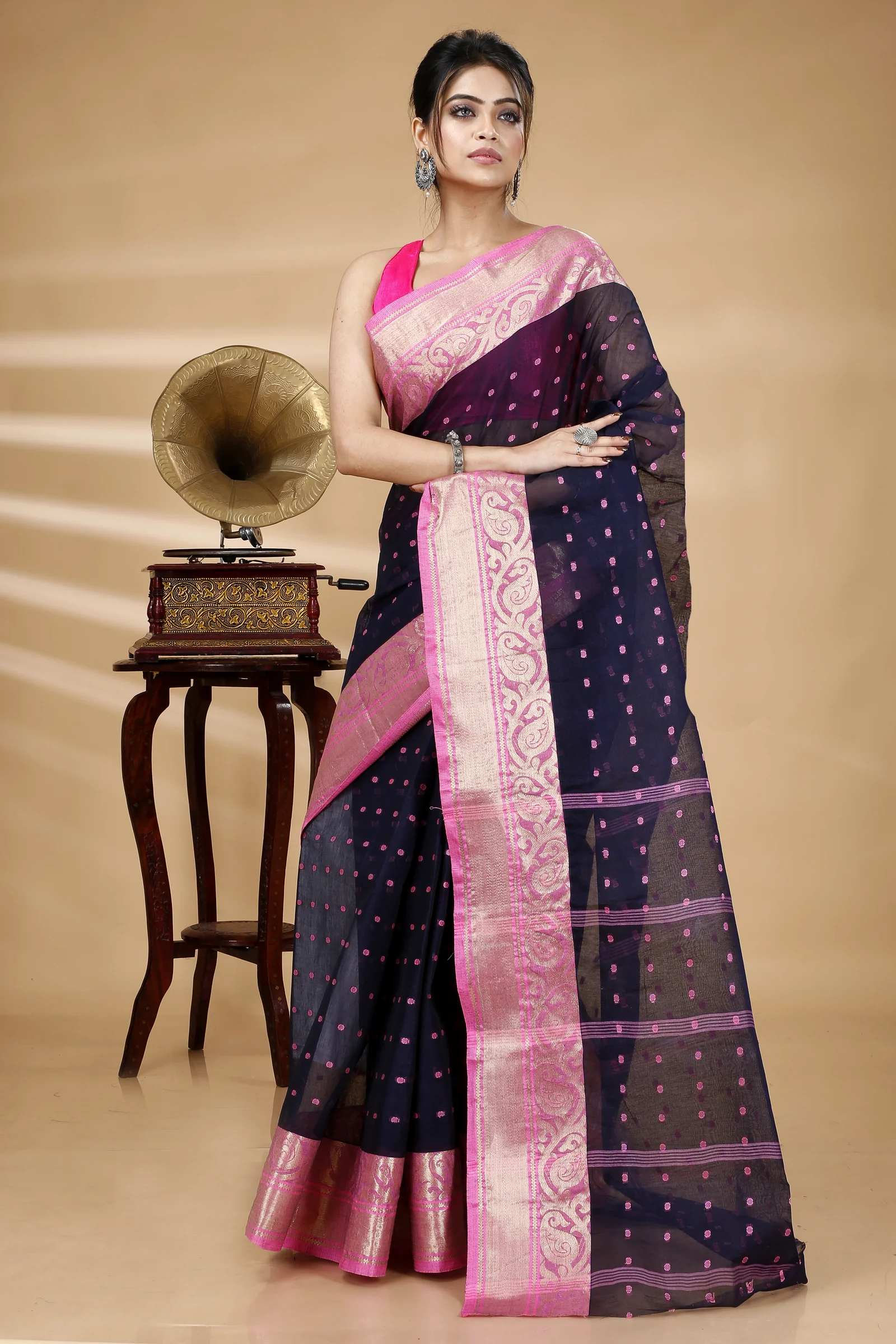 Night Blue Pure Cotton Sachi Tant Saree (1023)