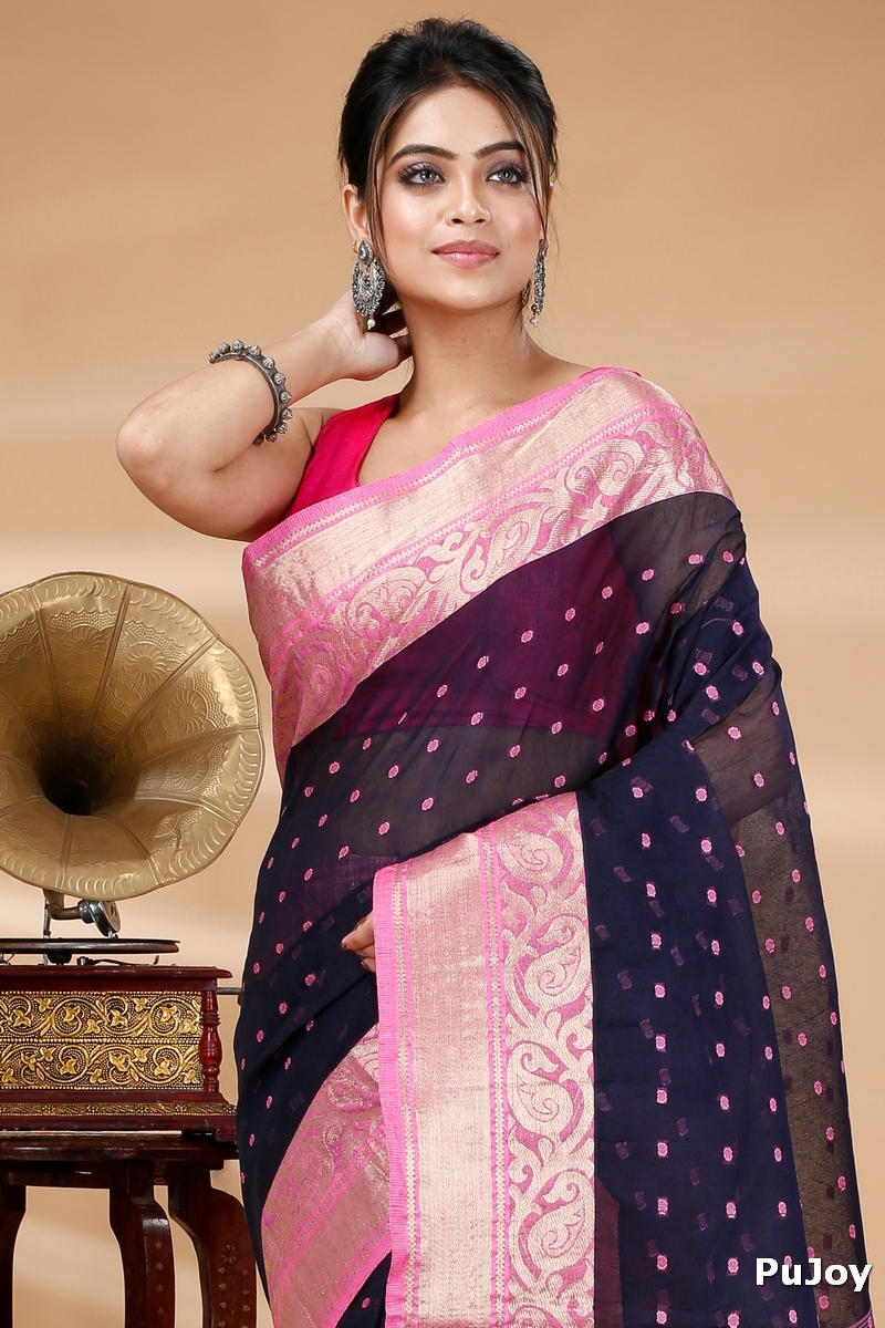 Night Blue Pure Cotton Sachi Tant Saree (1023)