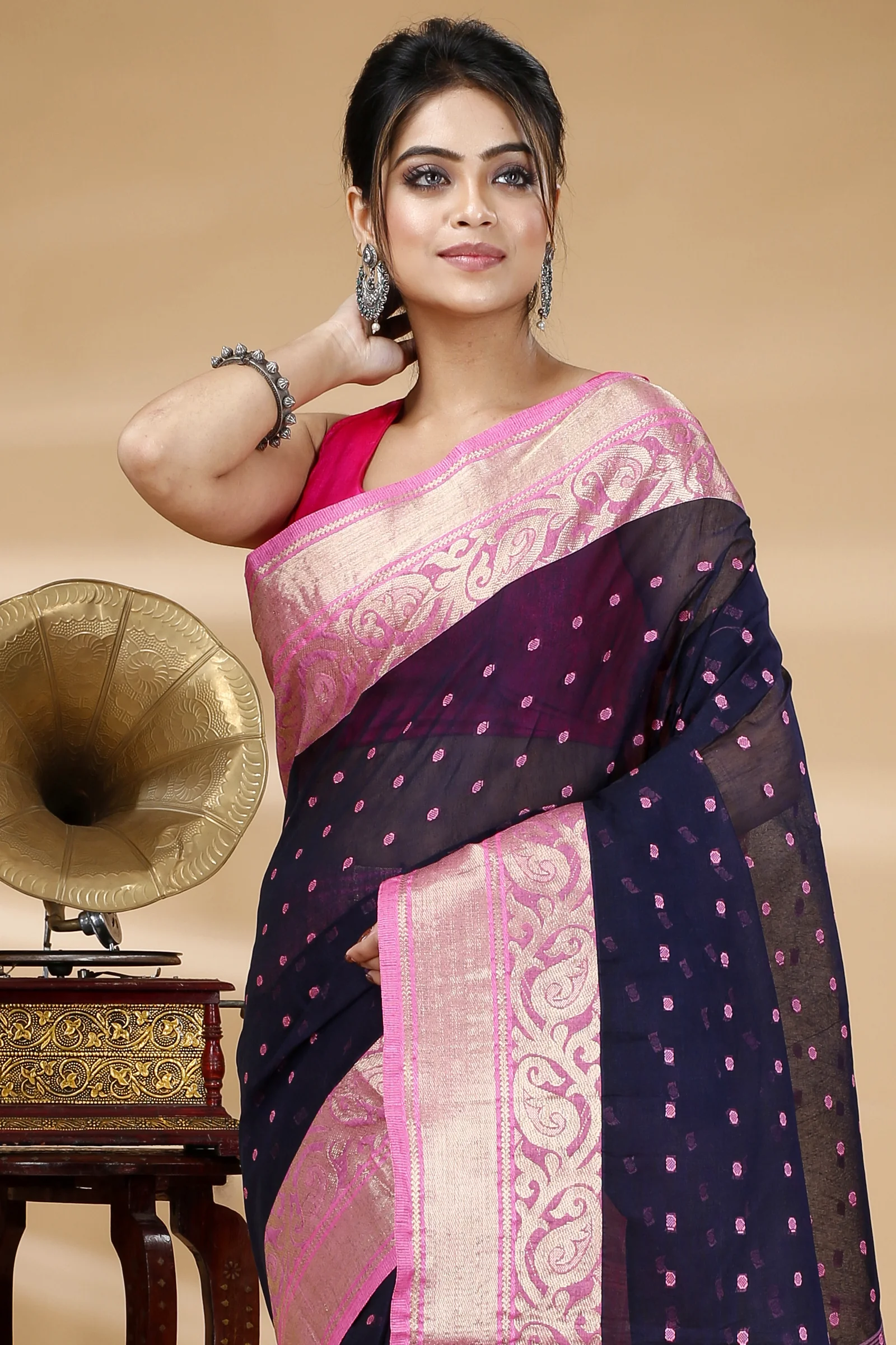 Night Blue Pure Cotton Sachi Tant Saree (1023)