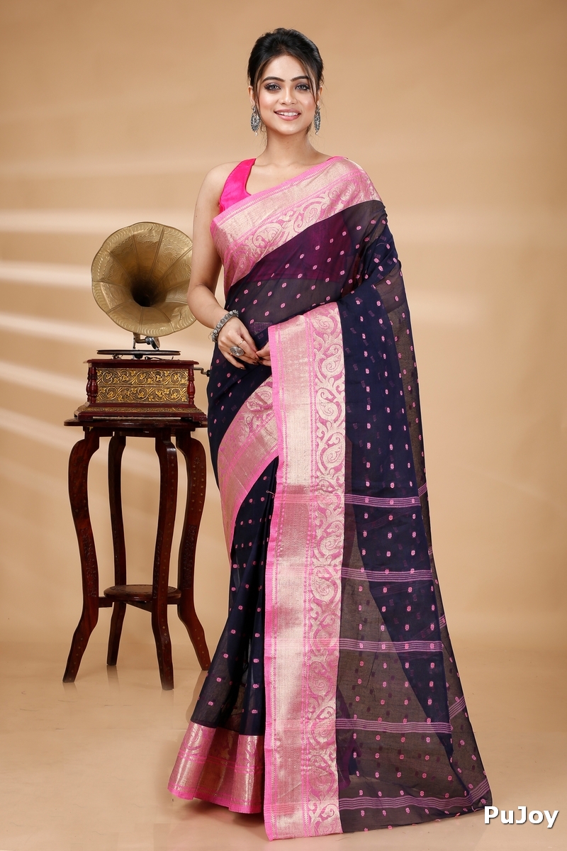 Night Blue Pure Cotton Sachi Tant Saree (1023)