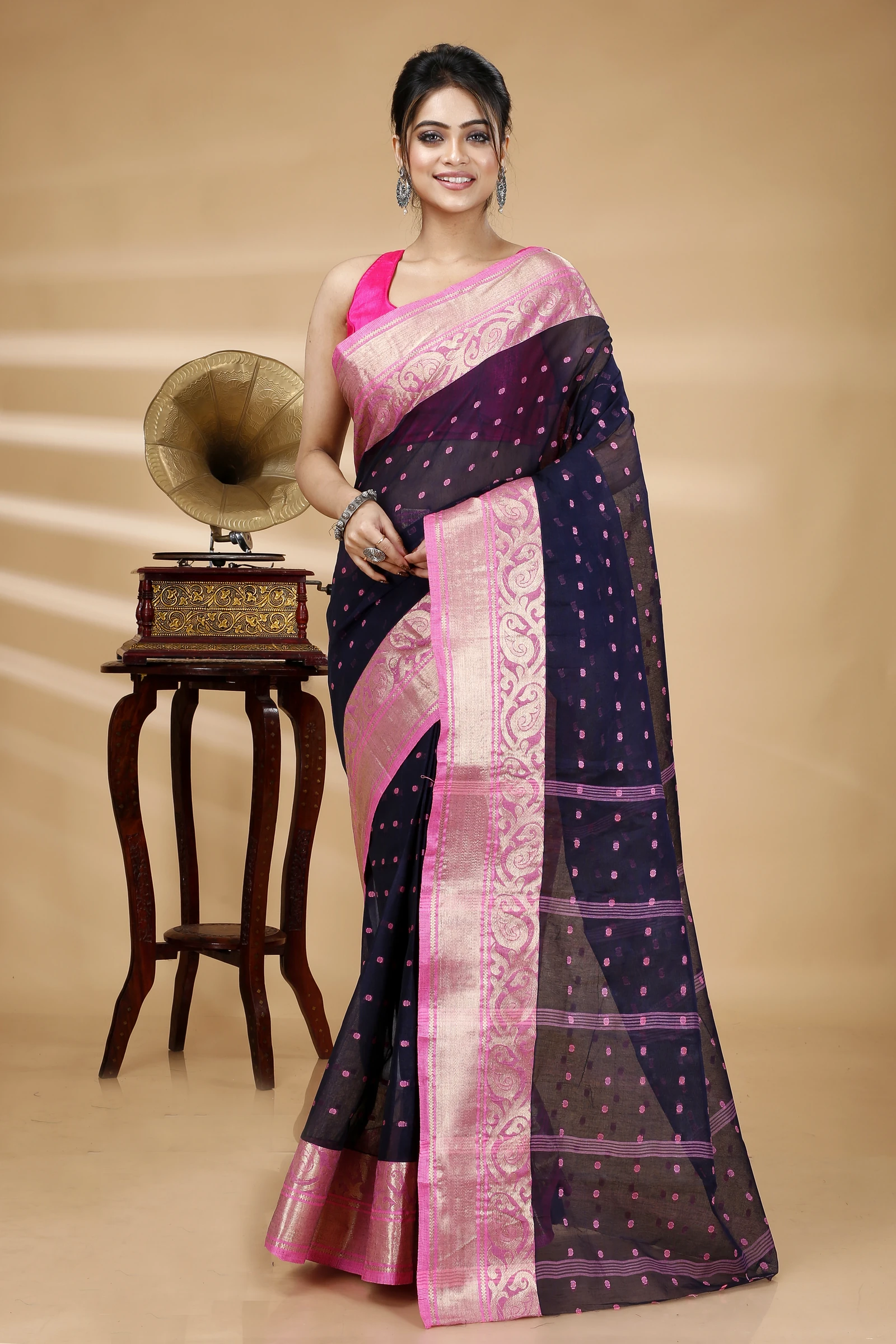 Night Blue Pure Cotton Sachi Tant Saree (1023)