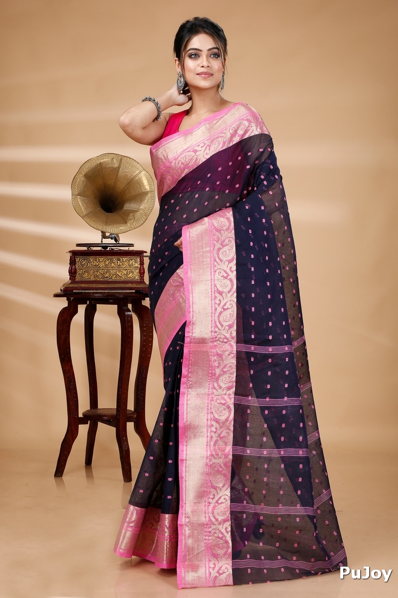 Night Blue Pure Cotton Sachi Tant Saree (1023)