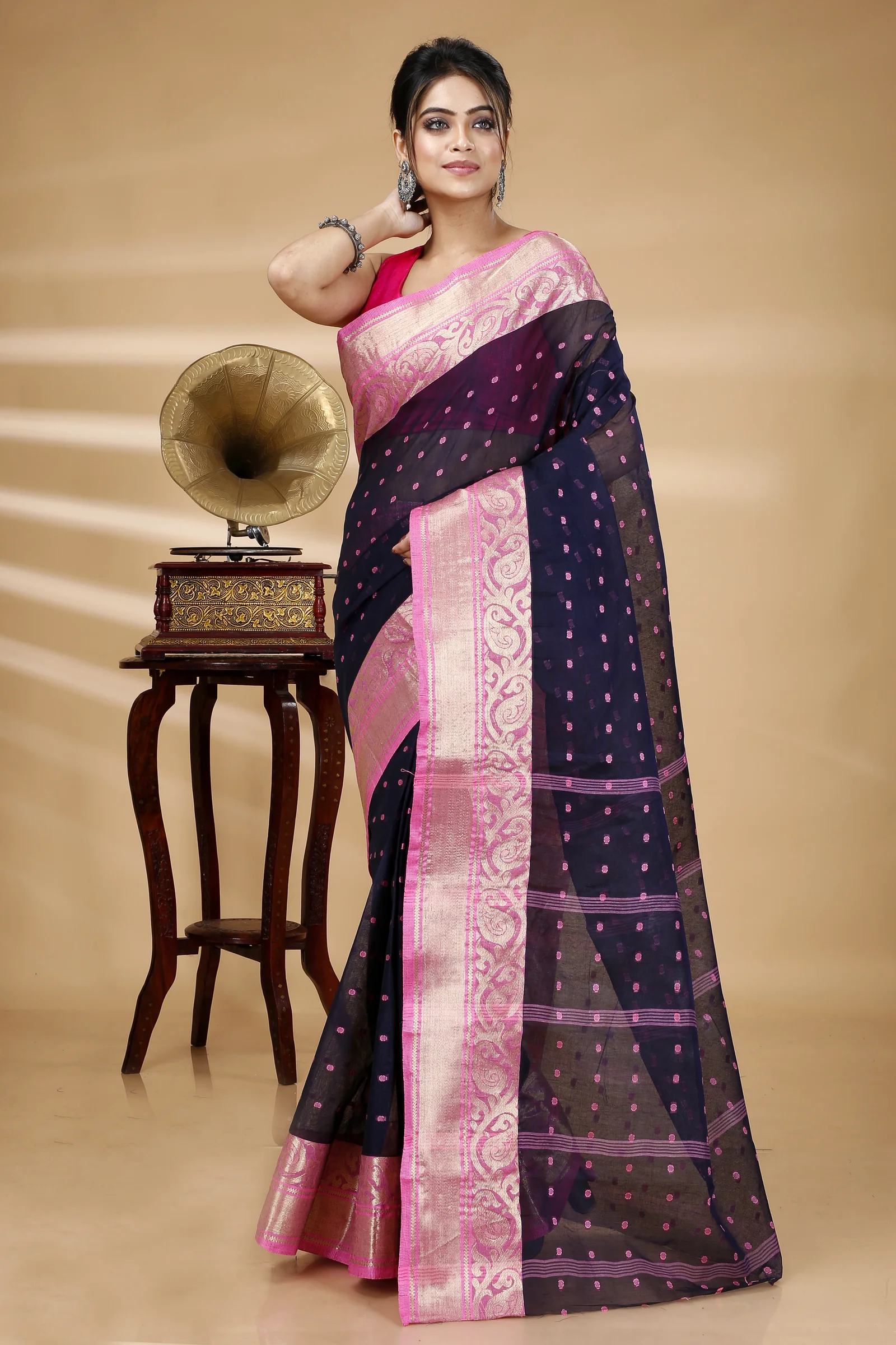 Night Blue Pure Cotton Sachi Tant Saree (1023)