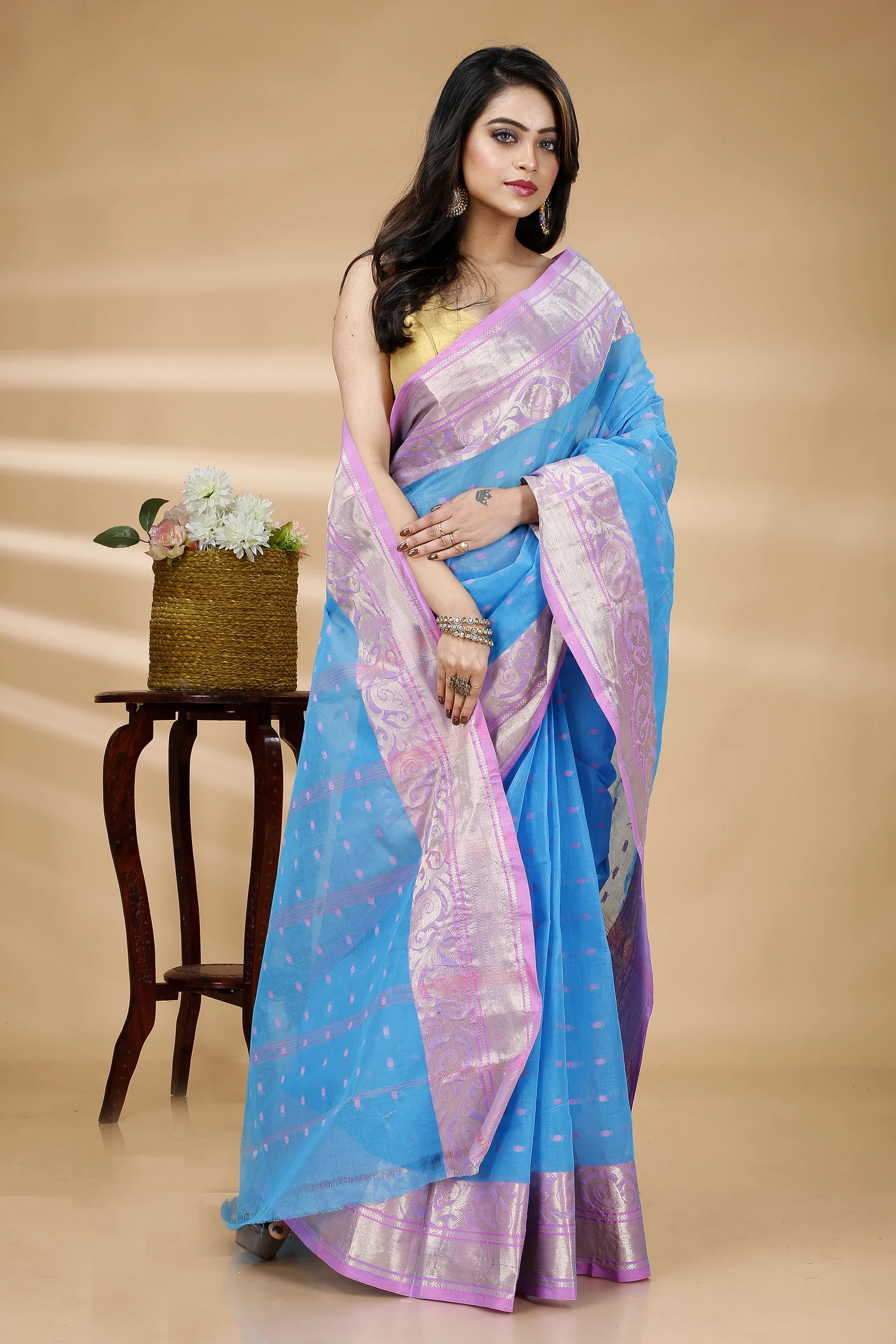 Sky Blue Pure Cotton Sachi Tant Saree (1025)