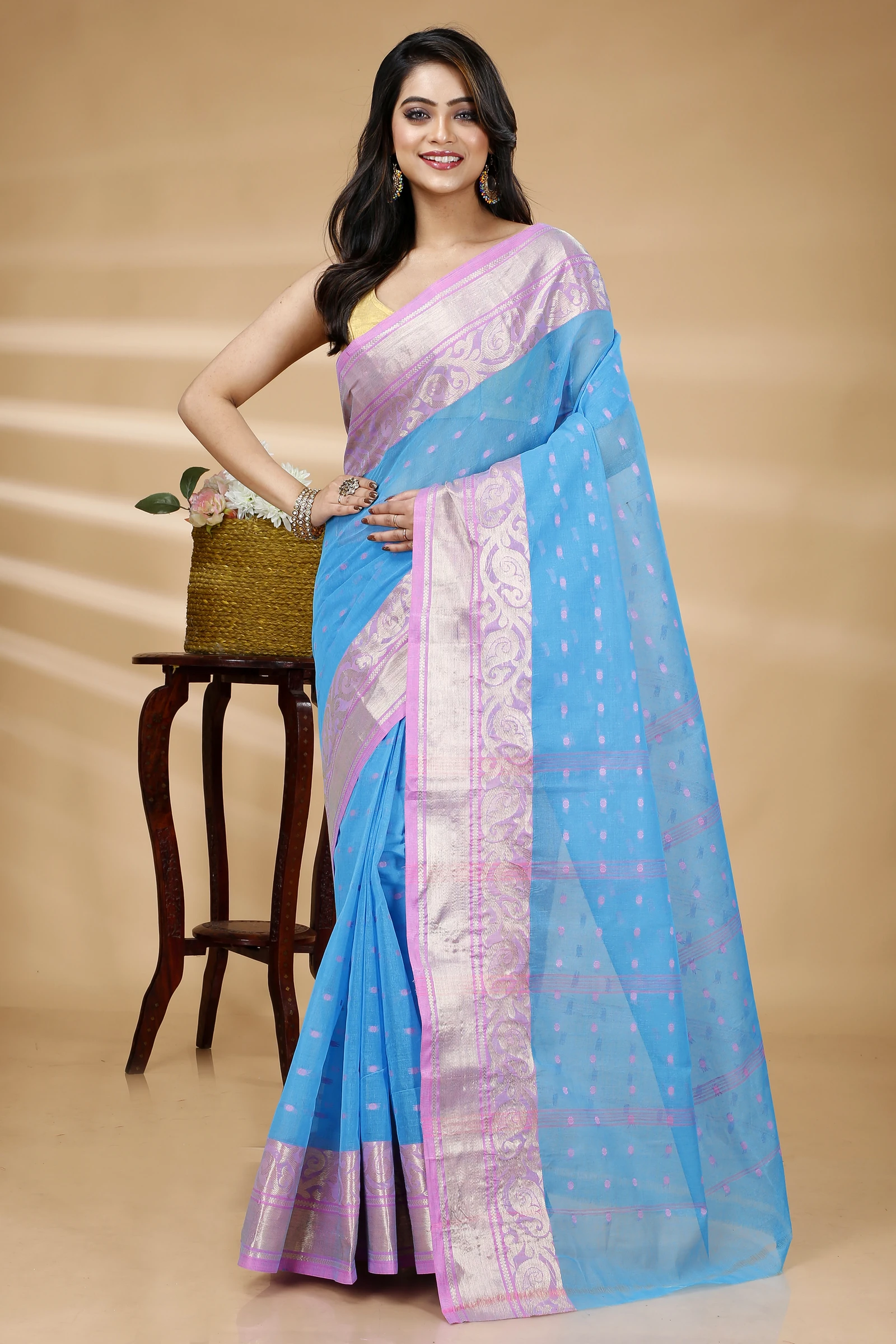 Sky Blue Pure Cotton Sachi Tant Saree (1025)