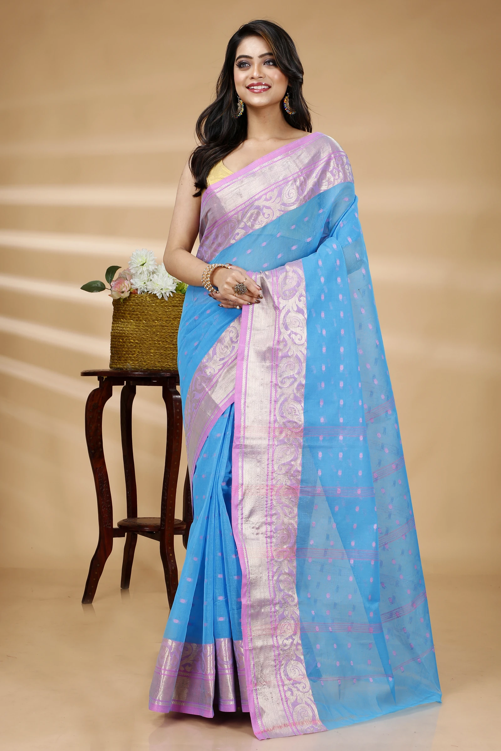 Sky Blue Pure Cotton Sachi Tant Saree (1025)
