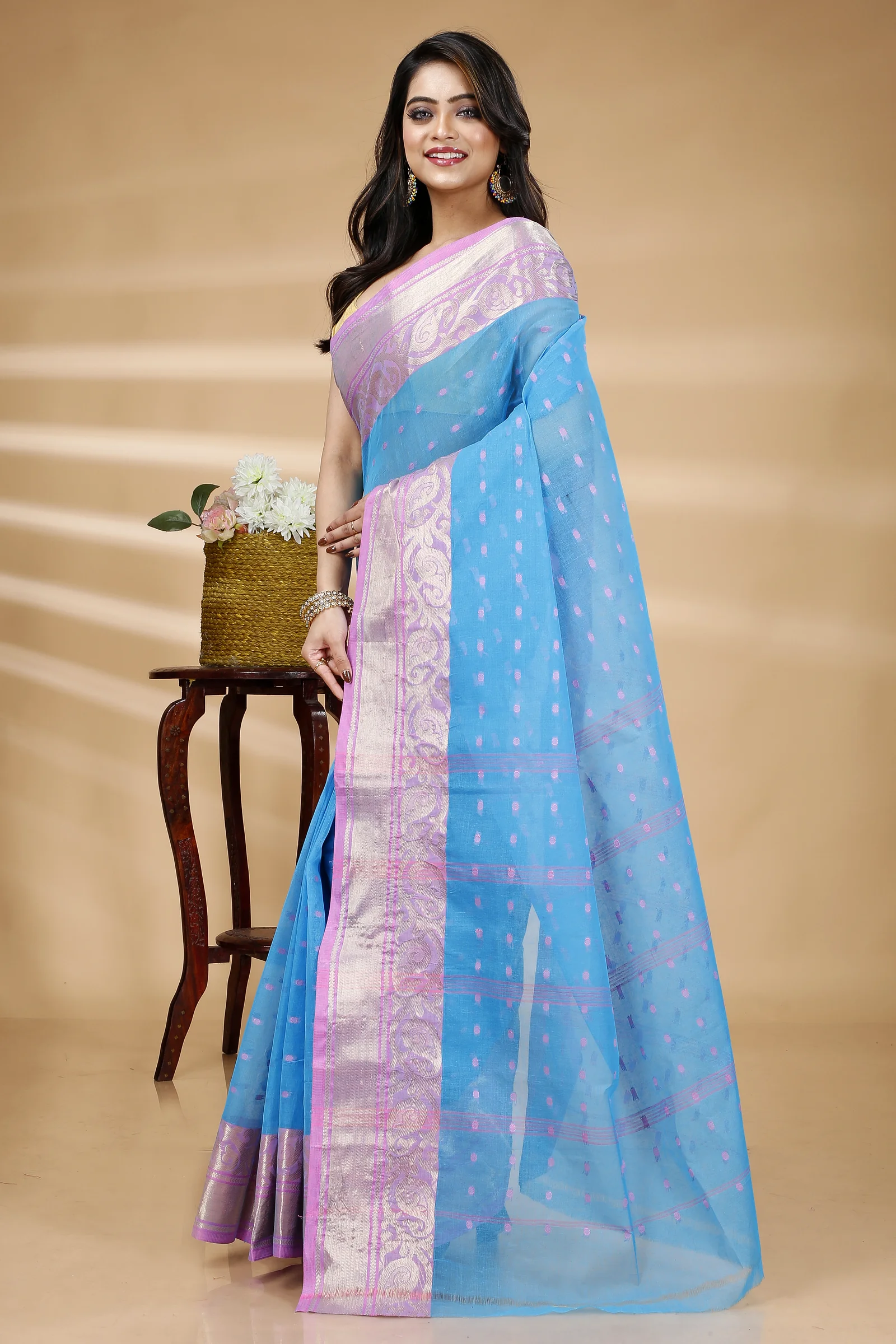 Sky Blue Pure Cotton Sachi Tant Saree (1025)