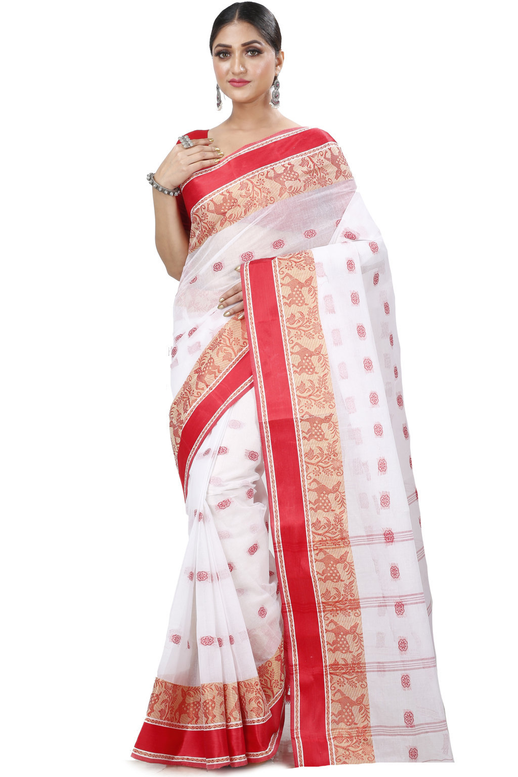 White Red Pure Cotton Sadasob Tant Saree (1027)