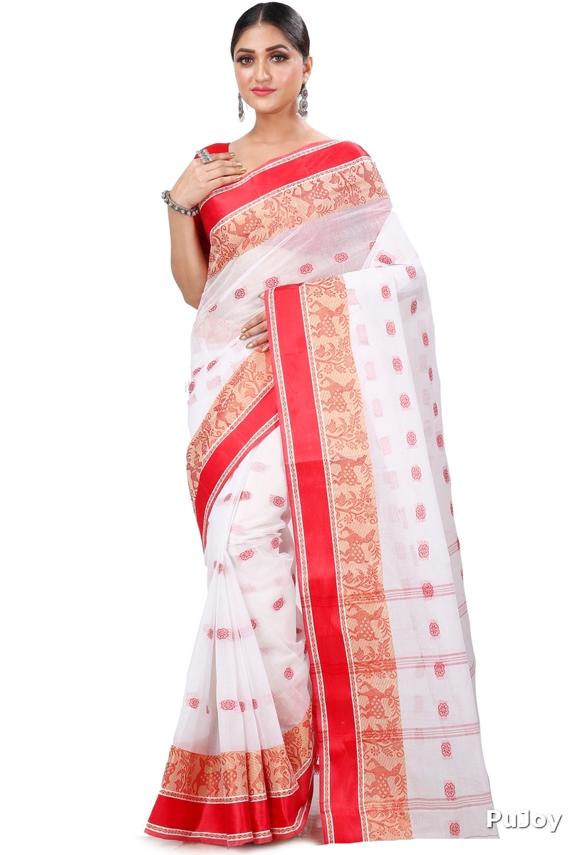 White Red Pure Cotton Sadasob Tant Saree (1027)