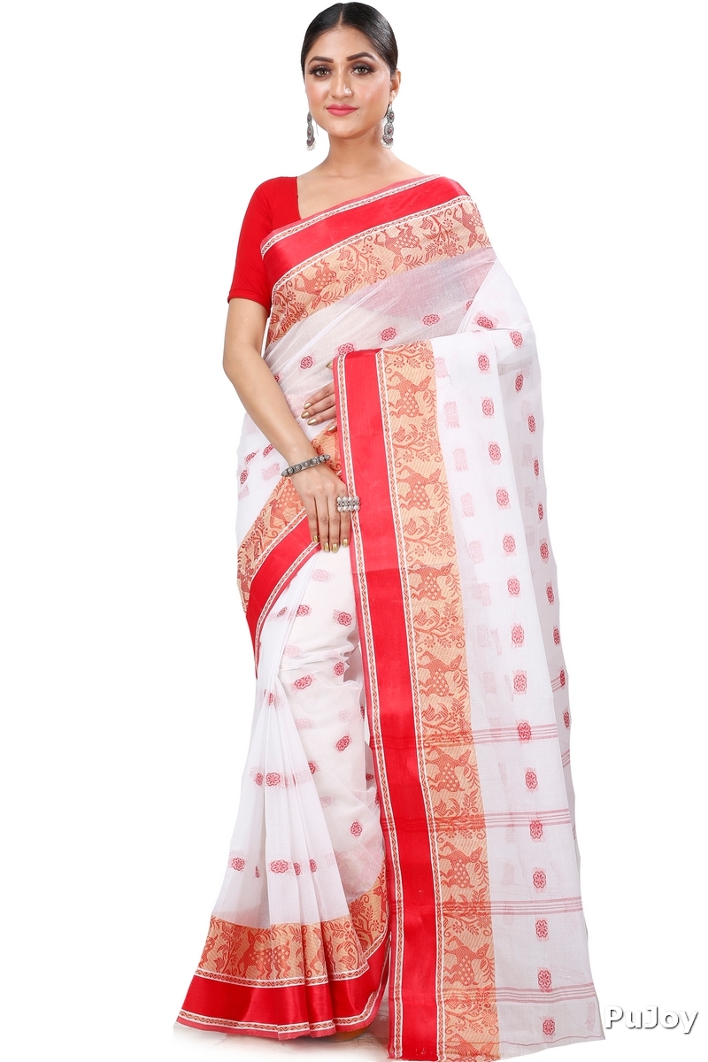 White Red Pure Cotton Sadasob Tant Saree (1027)