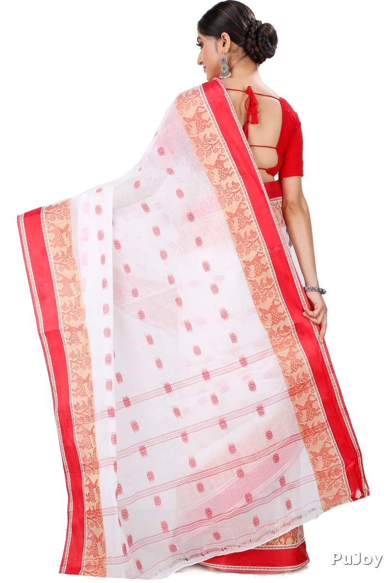 White Red Pure Cotton Sadasob Tant Saree (1027)