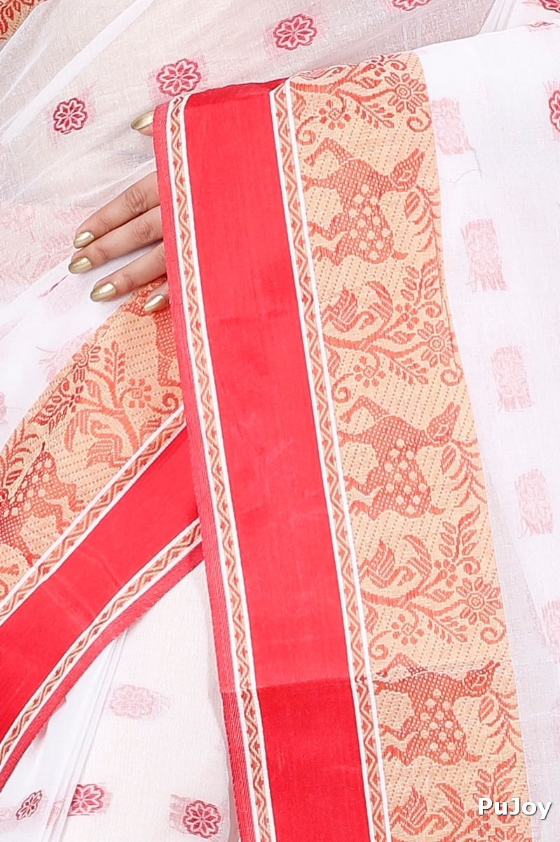 White Red Pure Cotton Sadasob Tant Saree (1027)