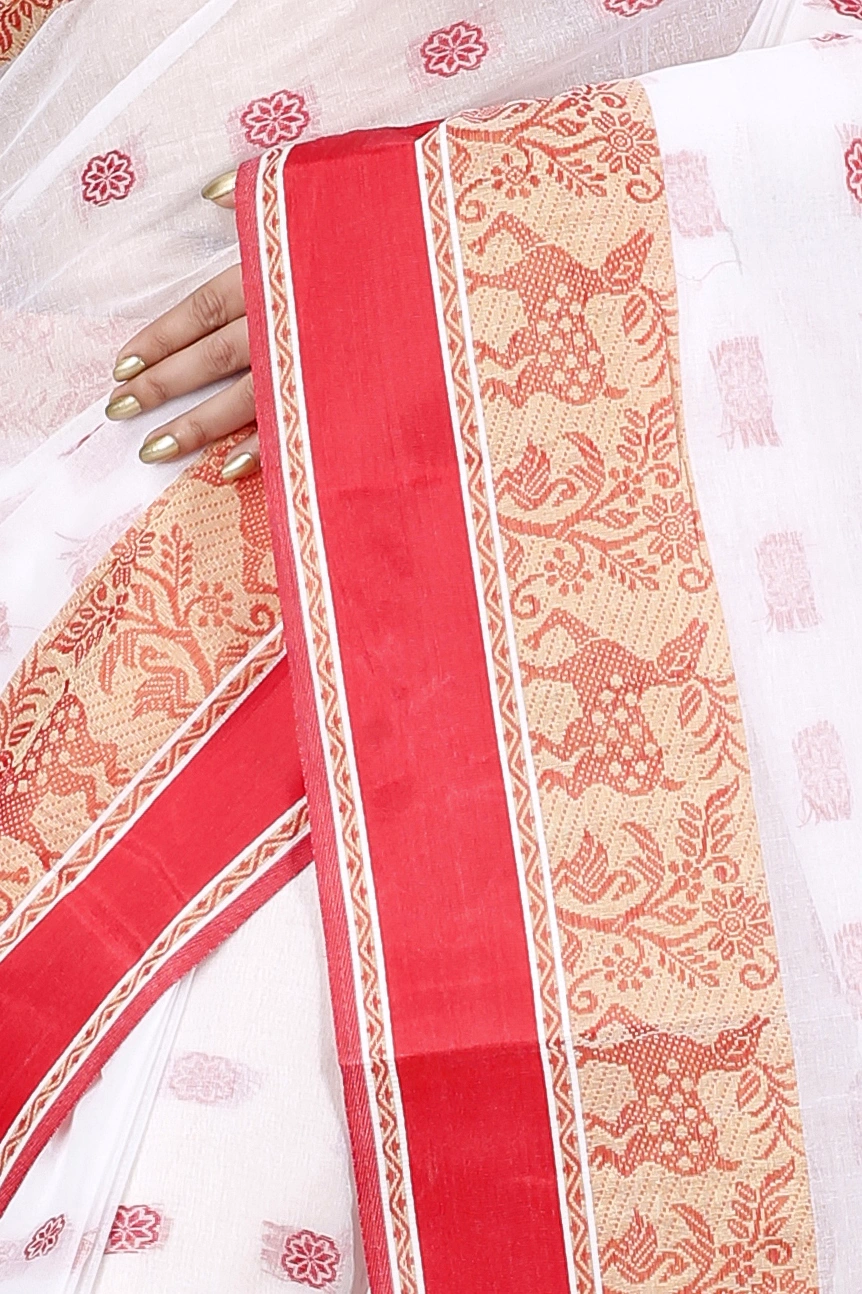 White Red Pure Cotton Sadasob Tant Saree (1027)
