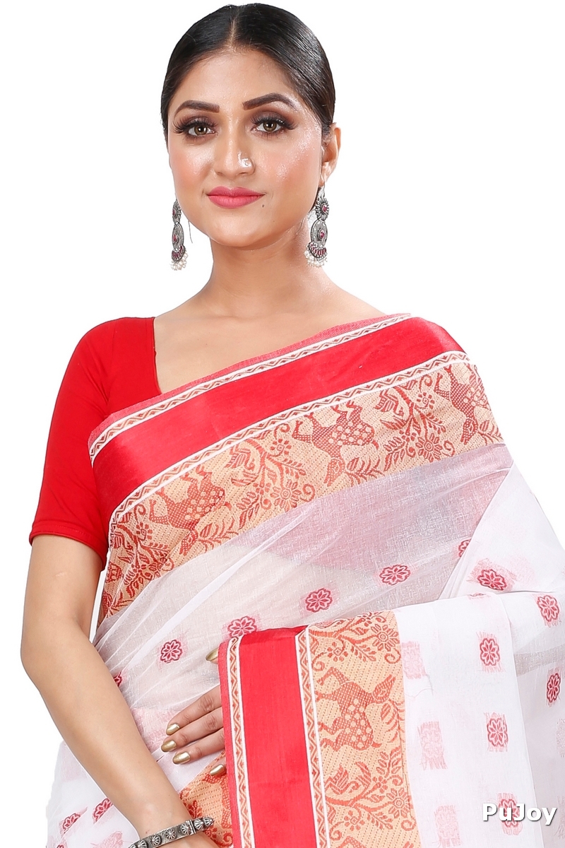 White Red Pure Cotton Sadasob Tant Saree (1027)