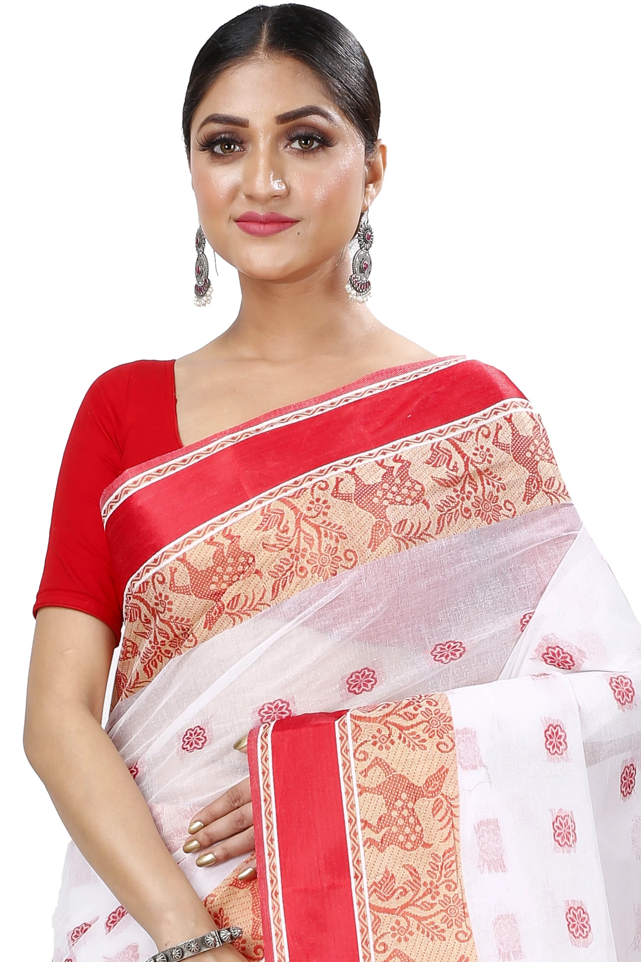 White Red Pure Cotton Sadasob Tant Saree (1027)