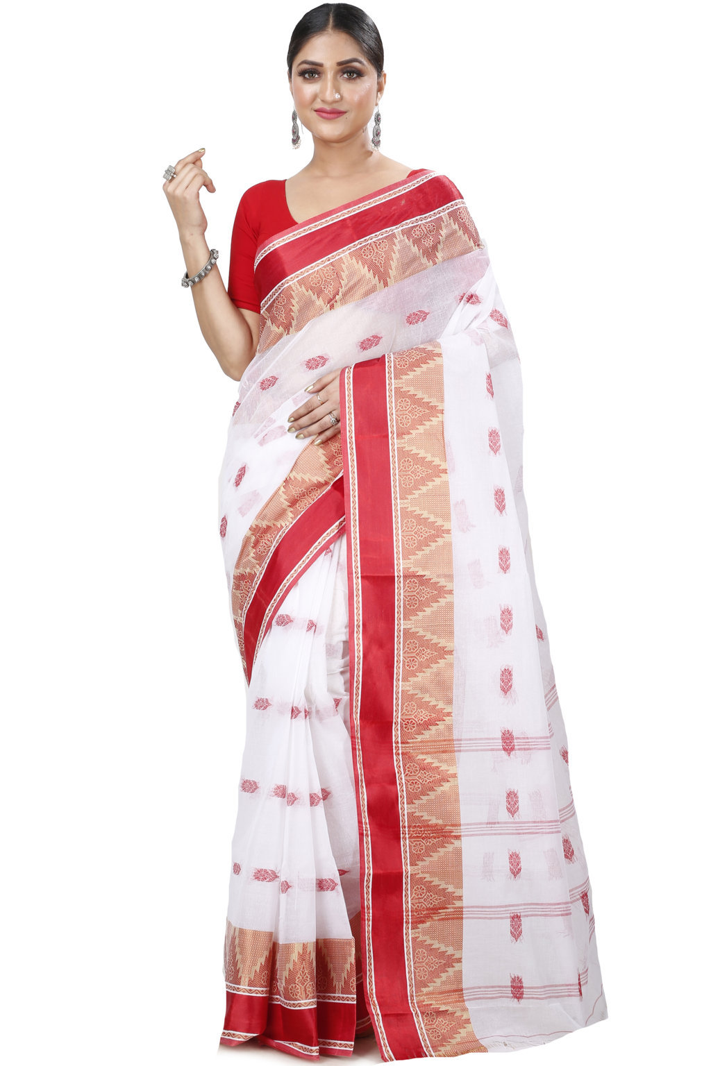 White Red Pure Cotton Sadasob Tant Saree (1028)
